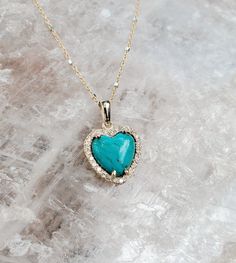 Turquoise Heart Necklace One of a Kind * inspired by Pablo Neruda's, 'Poetry'* And I, infinitesimal being,drunk with the great starryvoid,likeness, image ofmystery,felt myself a pure partof the abyss,I wheeled with the stars,my heart broke loose on the wind. _________ 14K Yellow Set w/ Turquoise * approx 1/2" wide 18.5" chain and (26) 1.25mm Halo Diamonds *back of necklace designed with multiple 💗 Turquoise Heart Necklace, The Abyss, Turquoise Heart, Halo Diamond, Necklace Designs, Heart Necklace, Turquoise Necklace, Halo, Poetry