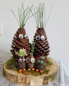 three pine cones with googly eyes on them