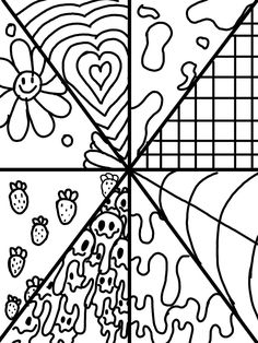 four different coloring pages with hearts, flowers and other things in the same pattern on them