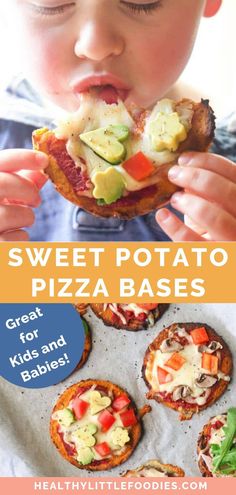 a young boy is eating some food with the words sweet potato pizzas on it