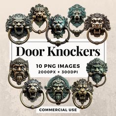 door knockers with lion heads and lions on them are shown in the middle of an advertisement