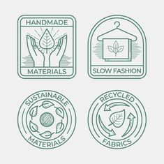 four logos for handmade materials, including the recycling logo and the eco - friendly label