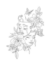 two women with flowers and butterflies on their heads, one is drawn in black ink