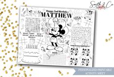 a mickey mouse birthday activity sheet with gold confetti on the side and black and white