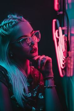 a woman wearing glasses standing next to a neon light sign with her hand on her chin