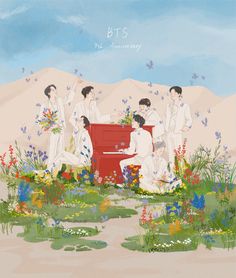 a painting of four people playing the piano in front of some flowers and butterflies on a blue sky day