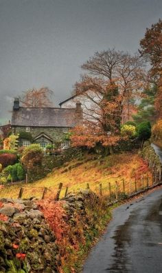 a house on the side of a road surrounded by trees and bushes with fall foliage