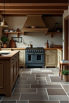 Distressed stone kitchen floor beneath wooden island Natural Stone Kitchen Floor, Kitchen With Character, Stone Kitchen Floor, Slate Floor Kitchen, Kitchen Flooring Options, Natural Stone Kitchen, Kitchen Floors, Floor Heating Systems