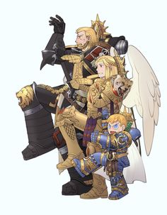 an image of some people dressed in armor and with wings on their shoulders, standing next to each other