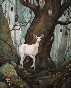 a painting of a white deer standing in the middle of a forest next to a tree