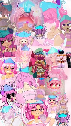 many different cartoon characters are grouped together in this collage with pink and blue colors