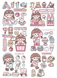 some stickers that are on the side of a white sheet with pink and blue designs