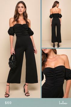 Make headlines in the style section with the Lulus Impress Release Black Off-the-Shoulder Puff Sleeve Jumpsuit! Medium-weight, stretchy crepe knit creates an off-the-shoulder neckline (with hidden no-slip strips), a ruched bodice, and short puff sleeves with elastic at the shoulders and banded cuffs. High waist sits above cropped wide pant legs. Hidden back zipper. Fit: This garment fits true to size. Length: Ankle length. Size medium measures 47.75" from shoulder to hem. Inseam: 25.50 Front Ris Puff Sleeve Jumpsuit, Culotte Jumpsuit, Adhesive Bra, Ruched Bodice, Jumpsuit With Sleeves, Puffy Sleeves, Wide Pants, Strapless Bra, Puff Sleeves