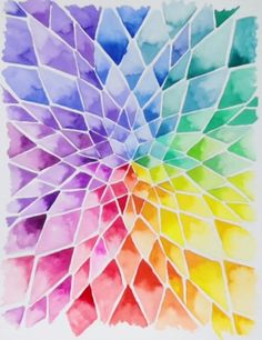 an abstract painting with multiple colors in the shape of a rainbow wheel on white paper