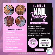 an advertisement for nail training with different manies and colors on the back of it