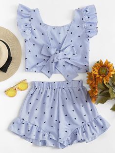 Gingham Frill Trim Bow Tie Back Top With Shorts -SheIn(Sheinside) Top With Shorts, Tie Back Top, Two Piece Outfits, Women Suits, Kids Dress Wear, Baby Dress Design, Baby Frocks Designs, Kids Dresses, Tween Outfits