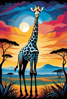 a giraffe standing in front of a sunset