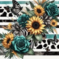 a bouquet of sunflowers, roses and butterflies on a striped background with black and white stripes