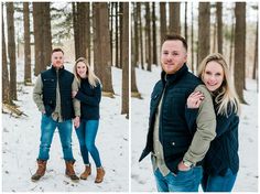 an engaged couple standing in the snow with their arms around each other