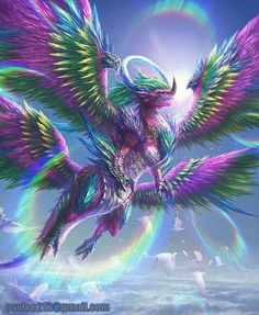 a colorful bird flying through the air with its wings spread out and rainbows in the background