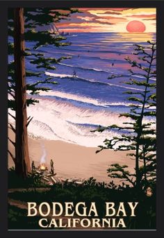 a painting of the ocean and trees in front of it, with text that reads monterey california