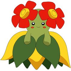 a green and yellow flowered plant with red flowers on it's head, sitting in front of a white background