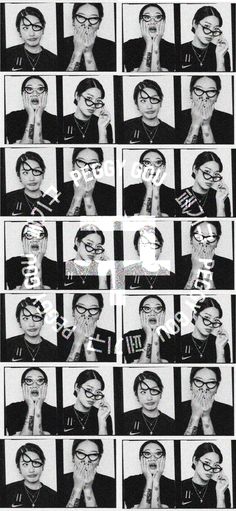 a black and white photo collage of people making faces with their hands in front of them