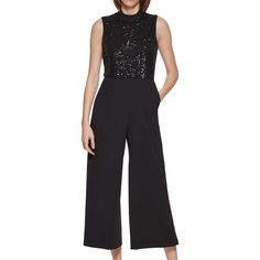 Brand New Never Worn Calvin Klein Women's Special Occasion Jumpsuit - Romper Black Color With Black Sequins On Top Center Back Hidden Zipper Closure Accentuated Waistline High Round-Neckline Top Lined Crop Length Wide-Leg Pan Sequin Bodice Shell And Lining Poly Spandex Easy Fir Slightly Stretchable Hand Wash Imported De Luxe: This Formal Jumpsuit Features A Sleeveless High Crew - Neckline Accentuated Waistline That Compliments All Body Types Eye-Catching Sequined Top Detail, Lined Soft And Stret Fitted Calvin Klein Jumpsuits And Rompers For Party, Embellished Jumpsuits And Rompers For Night Out, Spring Black Pantsuit For Party, Black Pantsuit For Spring Party, Spring Party Black Pantsuit, Chic Calvin Klein Workwear Jumpsuits, Calvin Klein Fitted Jumpsuits For Work, Calvin Klein Fitted Workwear Jumpsuits And Rompers, Calvin Klein Fitted Jumpsuits And Rompers For Work