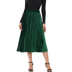 A casual and simple style, never out of fashion, is a must-have in your wardrobe. Velvet material, an elastic waistband, soft and stretch, very comfortable to wear. High-waisted and pleated design help to build your body shape perfectly, making you look taller and slimmer. Whether your dressing up or down, this skirt is perfect for any occasion. A metallic design that dials up the high shine in your party-ready repertoire. Church Skirts, Midi Skirt Green, Amazon Things, Velvet Pleated Skirt, Velvet Midi Skirt, Midi Skirt With Pockets, Retro Skirt, Ankle Length Skirt, Elastic Waist Skirt