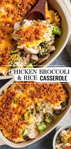 chicken broccoli and rice casserole in a white dish