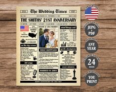 the wedding times newspaper is displayed on a wooden table with two badges and an american flag