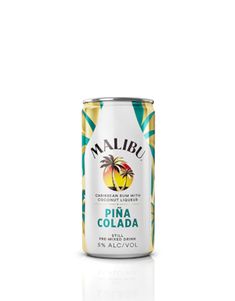 a can of malibu beer on a white background with the words pina cola