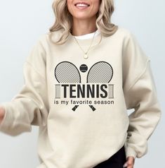 This Tennis Is My Therapy Tennis Sweatshirt is the perfect, cozy sweatshirt for yourself or any tennis player in your life! You could also gift this crewneck to your favorite tennis coach!  Sizing - These sweatshirts are unisex fit and run true to size. They are a loose and casual fit. See photo for exact measurement details.  Fabrication - The sweatshirts are made from 50% polyester, 50% cotton. They are a medium-heavy fabric and extremely comfortable.  Shipping - All in stock sweatshirts ship Tennis Club Sweatshirt, Tennis Sweatshirt, Tennis Coach Gift, Tee Ideas, Hoodie Ideas, Tennis Coach, Tennis Club, Club Sweatshirts, Tennis Clubs