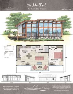 the modular home floor plan is shown with measurements and details for each room, including one bedroom