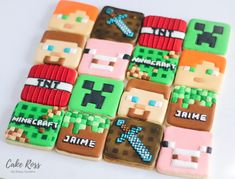 decorated cookies are arranged in the shape of minecraft characters