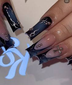 Gothic Nail Inspo Coffin, Gothic Y2k Nails, Sb Nails, Long Square Acrylic Nails Goth, Glam Goth Acrylic Nails, Goth Airbrush Nails, Acrylic Nails Nude, Acrylic Nail Set, Goth Nails