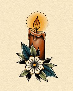 a drawing of a candle with flowers on it