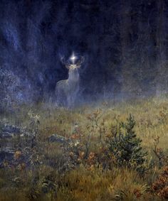 a painting of a deer standing in the middle of a field with trees and bushes