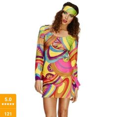 Fever 70's Flower Power Contains: Dress Long Sleeve Mini Scooped Neck Multi Colored Floral Head Scarf 100% Polyester Small: 6-8 Chest: 34.5-35.5" Waist: 26.5- 27.5" Hip: 37-38 Large: 14-16 (Sold Out ) Chest: 40-42" Waist: 32-34" Hip: 42.5-44.5" Flower Power Costume, Dress With Flared Sleeves, Great Costume Ideas, Up Costumes, Dress Up Costumes, Multicolor Dress, Matching Headband, Dress Long Sleeve, Long Sleeve Mini