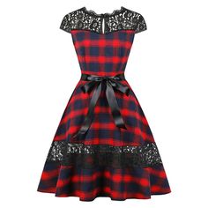 Round Collar Cap Sleeve Spliced Lace Plaid Belted A-line Women Dress - Red Wine - 4R69895912 - Women's Clothing, Dresses, Retro Dresses  #RetroDresses #Women's #Clothing # #Dresses # #Retro #Dresses Vestidos Pin Up, Vestidos Retro, Natural Clothing, Pin Up Dresses, Midi Dress Party, 50s Dresses, Lace Panelled, Plaid Dress, Vintage Lace