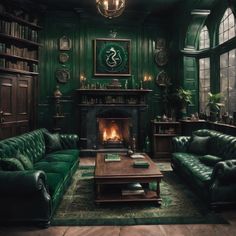 a living room filled with green couches and a fire place