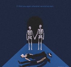 two skeletons are standing in the middle of a blue floor with one skeleton laying on it's side