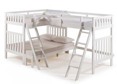 a white bunk bed with two ladders and a mattress on the bottom one side