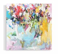 an abstract painting with pink and green flowers in vases on a white background,