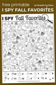 the free printable i spy fall favorites coloring page for kids to color on