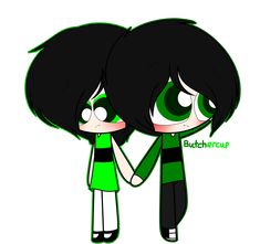 two cartoon characters with green eyes and black hair, one holding the other's hand