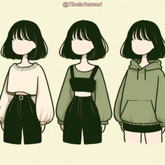 three girls with black hair and green hoodies are standing in front of each other