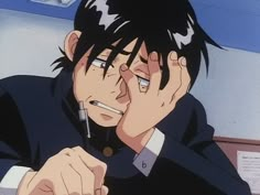 an anime character with black hair holding his hand to his face and looking at the camera