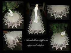 four pictures of a white figurine on top of a doily covered table