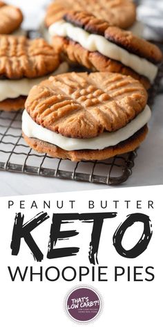 peanut butter keto whoopie pies on a cooling rack with text overlay